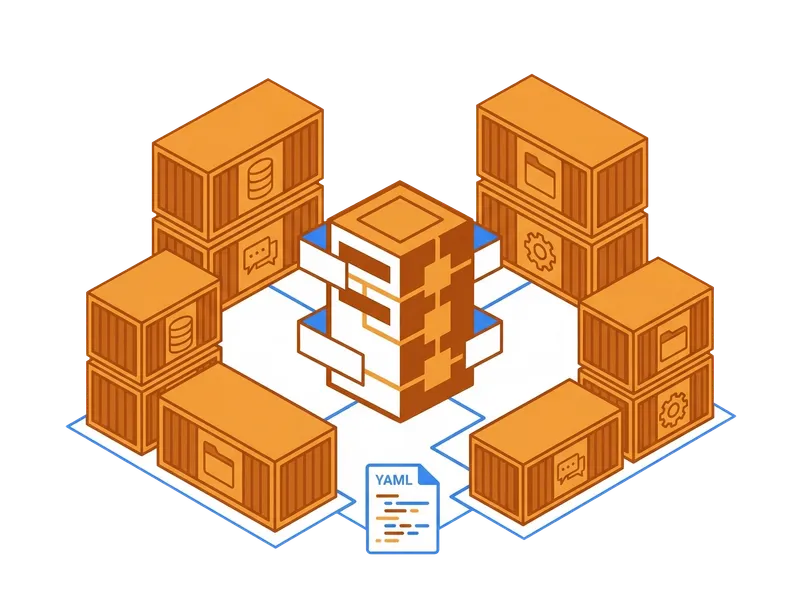 Flache Vektorillustration von Docker-Containern und einem Server-Stack mit verbundenen Diensten