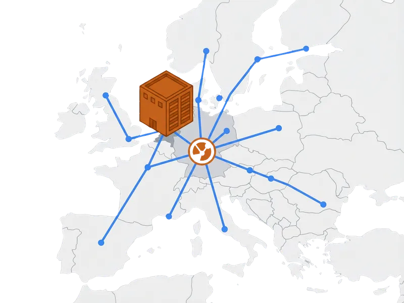 Illustration des Amsterdam-Rechenzentrums mit europäischen Netzwerkverbindungen