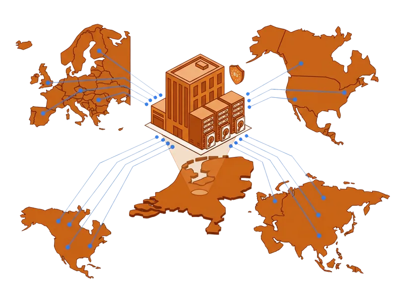 Flache Vektorillustration der Amsterdamer Rechenzentrum-Infrastruktur mit Netzwerkverbindungen