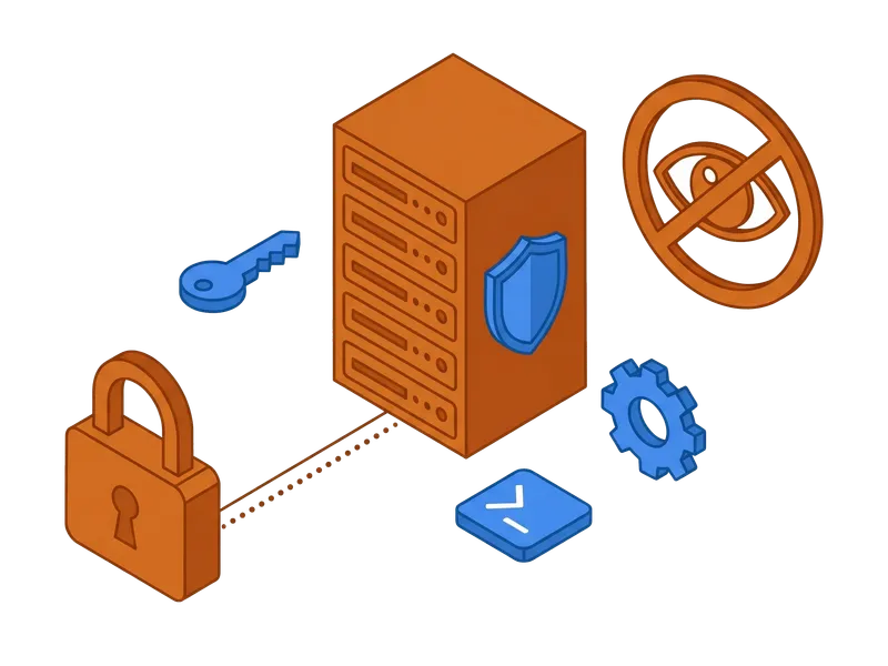 Illustration eines selbst gehosteten VPN-Servers mit Schloss und Server