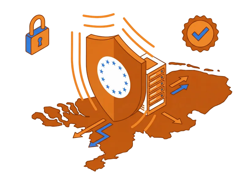 Illustration of EU data sovereignty with a shield protecting a server in the Netherlands