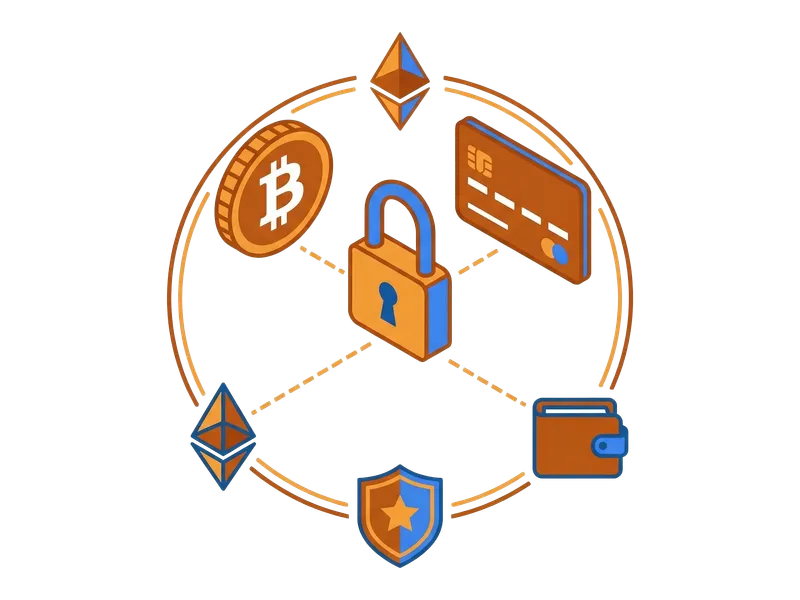 Illustration of private cryptocurrency and traditional payment methods with a lock symbol