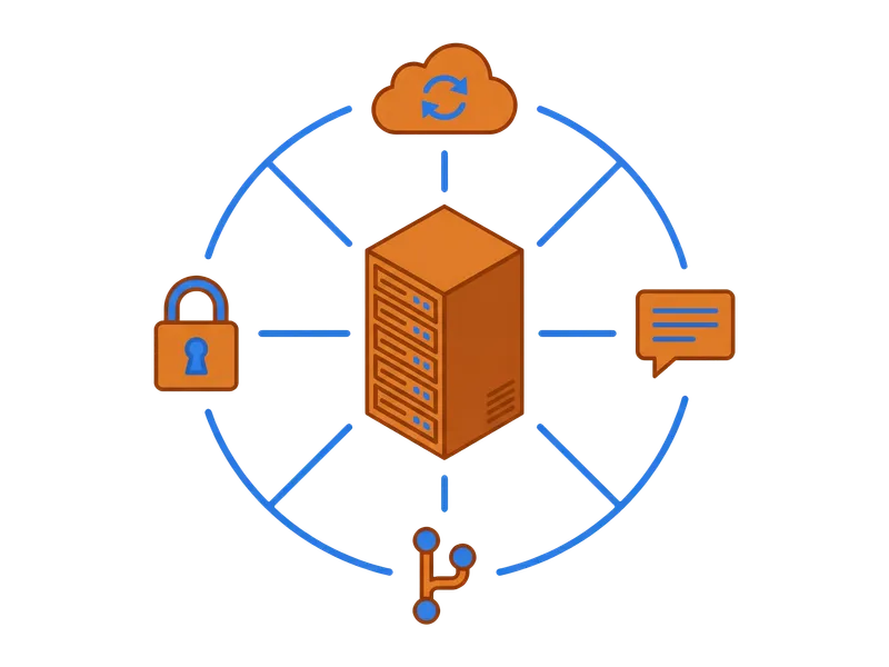 Flache Vektorillustration verschiedener Self-Hosted-Anwendungssymbole verbunden mit einem zentralen Server