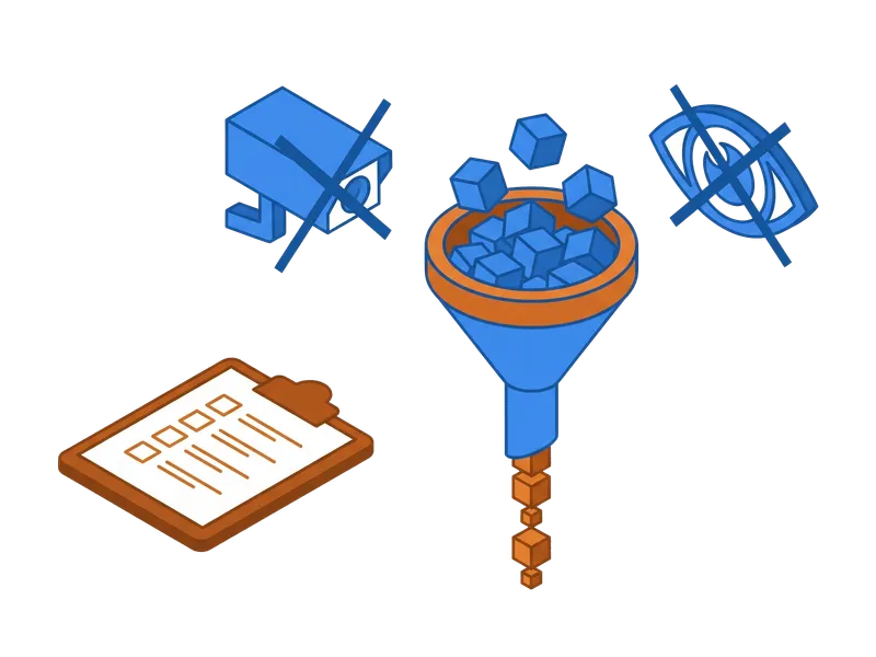 Illustration of minimal data collection with a small checklist and a crossed-out surveillance icon