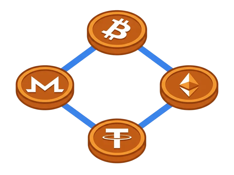 Bitcoin, Litecoin, USDT und Monero Kryptowährungsmünzen