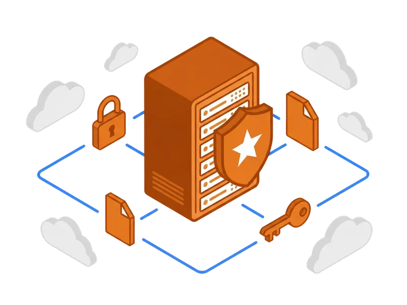 Flache Vektorillustration eines Servers mit Schild-Symbol für Dateneigentum und Datenschutz
