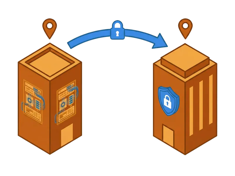 Illustration of two separate data centers connected by secure backup transfer