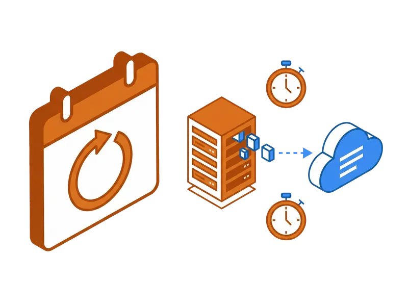 Illustration of automated daily server backup process with calendar and cloud storage