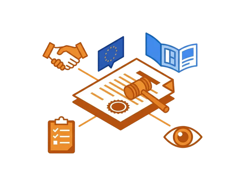 Illustration of a legal framework with documents, a gavel, and the EU flag